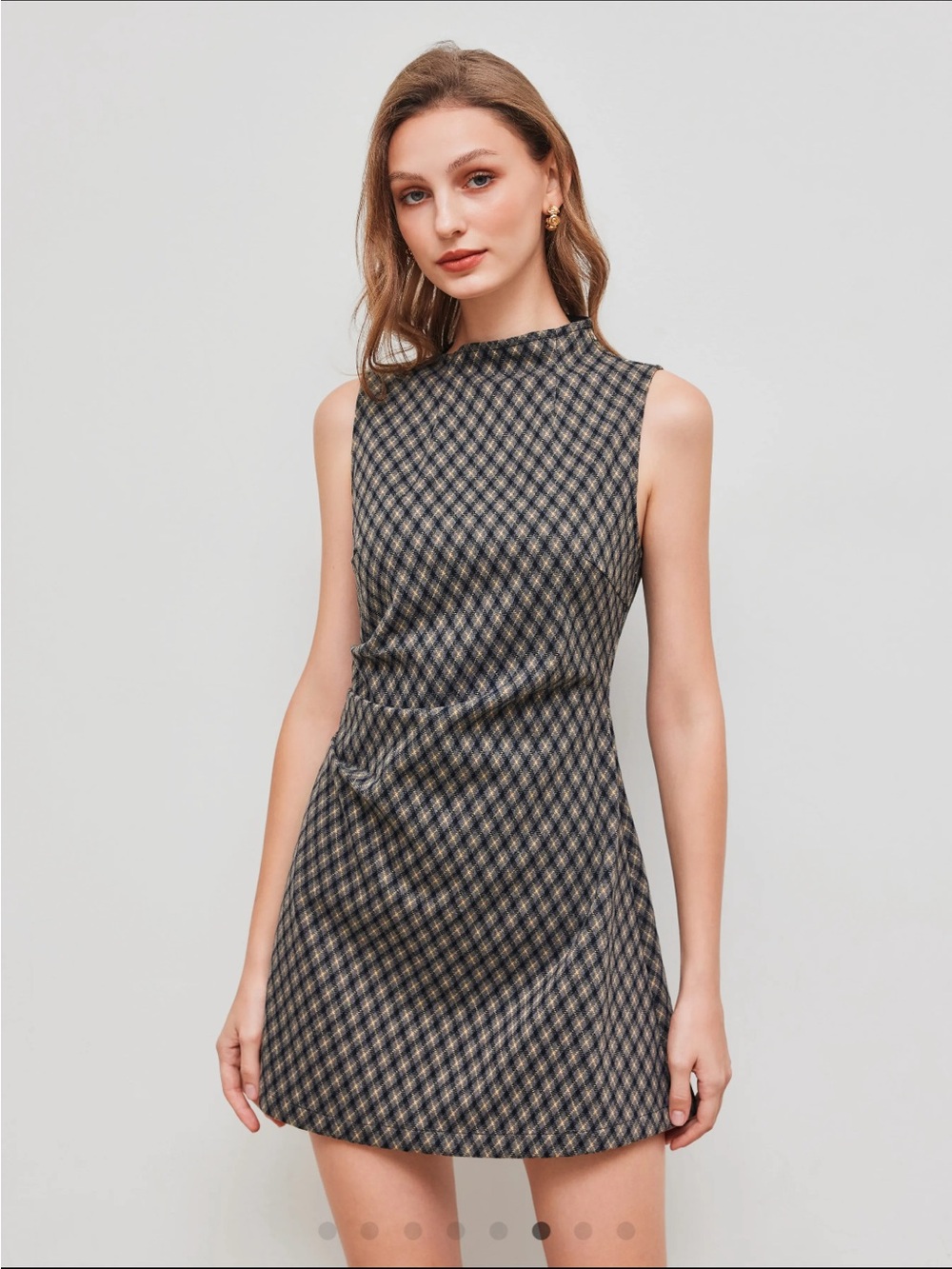 Cider Sleeveless Mini Dress in Navy and Beige Plaid